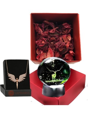 PremiumPort Geyik Temalı 3D Işıklı Cam Küre ve Melek Kolye Hediye Kutusu