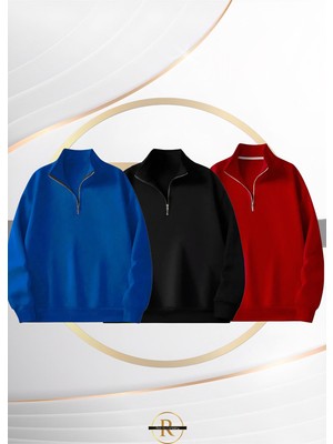 Risil-Nu Company Yeni Sezon Içi Şardonlu Yarım Fermuarlı Saks Mavisi-Siyah-Kırmızı Sweatshirt