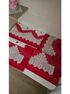 Zesa Home El Işi Dantelli, Bordürlü ve Desenli Nevresim Takımı-Kırmızı Kalpli