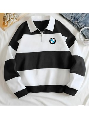 Risil-Nu Company Yeni Sezon Bmw Baskılı Yarım Fermuarlı Polo Yaka Kalın Sweatshirt Içi Polarlı Kışlık Unisex