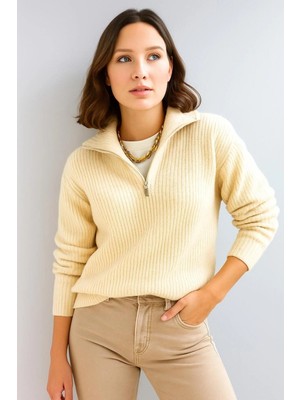 Risil-Nu Company Yeni Sezon Kadın Yarım Fermuarlı Ribana Triko Kazak