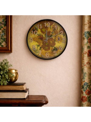 Caseras Van Gogh Ayçiçeği Temalı Dekoratif Cam Duvar Saati 28 cm – Sessiz Mekanizma, Modern Dekor