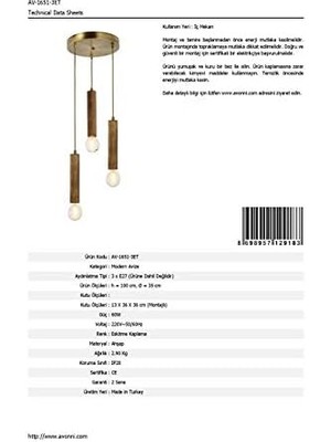 Storemax AV-1651-3ET Eskitme Kaplama Modern Avize E27 Ahşap 35CM