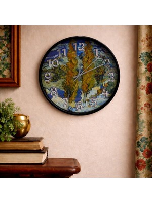 Caseras Van Gogh Peyzaj Temalı Desenli Cam Duvar Saati 28 cm – Sessiz Mekanizma, Modern Dekor