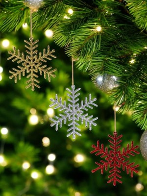 Storemax Yılbaşı Ağacı Süsleri Simli Kar Tanesi Şekilli Asılabilir Ağaç Süsü Renkli 3'lü