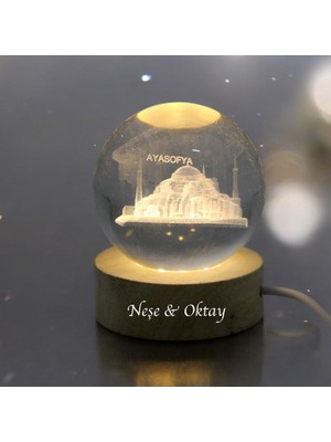 PremiumPort Kişiye Özel Işıklı Ahşap Ayasofya Kristal Cam Küre 6cm