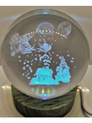 PremiumPort 3D LED Işıklı Noel Baba Küre Kristal Cam Ahşap Standlı USB Kablo