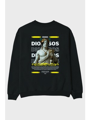 Ankhises Dionysos 2 Mitoloji Arka Baskılı Siyah Oversize Sweatshirt Erkek Kadın Bisiklet Yaka