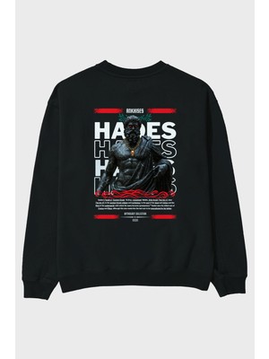 Ankhises Hades 1 Mitoloji Arka Baskılı Siyah Oversize Sweatshirt Erkek Kadın Bisiklet Yaka