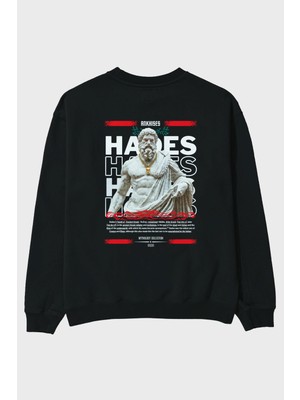 Ankhises Hades 2 Mitoloji Arka Baskılı Siyah Oversize Sweatshirt Erkek Kadın Bisiklet Yaka
