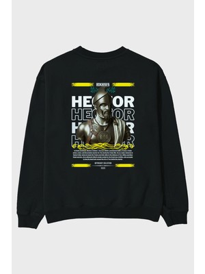Ankhises Hector 1 Mitoloji Arka Baskılı Siyah Oversize Sweatshirt Erkek Kadın Bisiklet Yaka