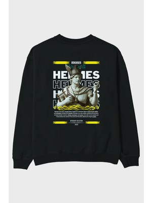 Ankhises Hermes 2 Mitoloji Arka Baskılı Siyah Oversize Sweatshirt Erkek Kadın Bisiklet Yaka