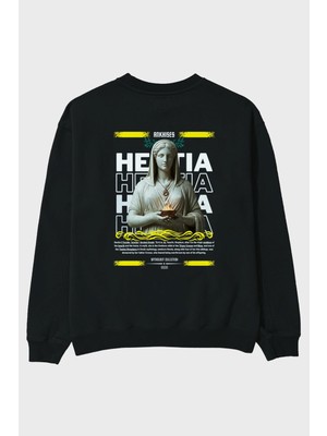Ankhises Hestia 1 Mitoloji Arka Baskılı Siyah Oversize Sweatshirt Erkek Kadın Bisiklet Yaka