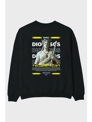 Ankhises Dionysos 1 Mitoloji Arka Baskılı Siyah Oversize Sweatshirt Erkek Kadın Bisiklet Yaka