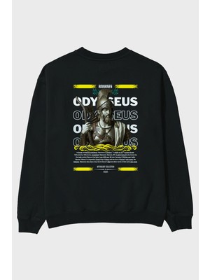 Ankhises Odysseus 1 Mitoloji Arka Baskılı Siyah Oversize Sweatshirt Erkek Kadın Bisiklet Yaka