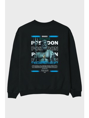 Ankhises Poseidon 1 Mitoloji Arka Baskılı Siyah Oversize Sweatshirt Erkek Kadın Bisiklet Yaka