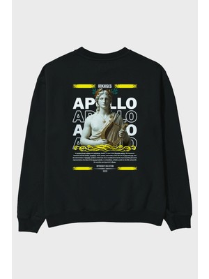 Ankhises Apollo 1 Mitoloji Arka Baskılı Siyah Oversize Sweatshirt Erkek Kadın Bisiklet Yaka