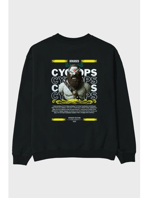 Ankhises Cyclopes 1 Mitoloji Arka Baskılı Siyah Oversize Sweatshirt Erkek Kadın Bisiklet Yaka