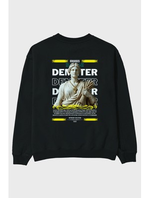 Ankhises Demeter 1 Mitoloji Arka Baskılı Siyah Oversize Sweatshirt Erkek Kadın Bisiklet Yaka
