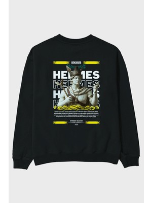 Ankhises Hermes 1 Mitoloji Arka Baskılı Siyah Oversize Sweatshirt Erkek Kadın Bisiklet Yaka
