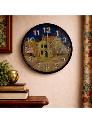 Caseras Van Gogh Sarı Ev Temalı Cam Duvar Saati 28 cm – Sessiz Mekanizma, Modern Dekor