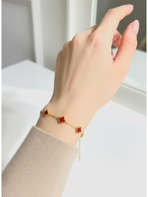 Atalya Accessory Mini Yonca Kadın Bileklik – Bordo Taşlı, Paslanmaz Çelik, Kararma Yapmaz, Sevgiliye Hediye