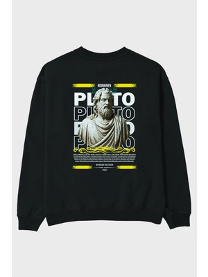 Ankhises Plato 2 Mitoloji Arka Baskılı Siyah Oversize Sweatshirt Erkek Kadın Bisiklet Yaka