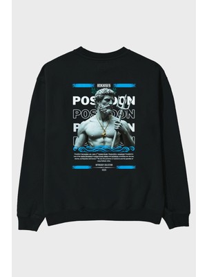 Ankhises Poseidon 3 Mitoloji Arka Baskılı Siyah Oversize Sweatshirt Erkek Kadın Bisiklet Yaka