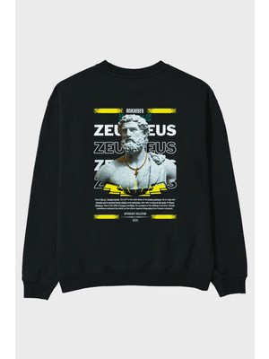 Ankhises Zeus 3 Mitoloji Arka Baskılı Siyah Oversize Sweatshirt Erkek Kadın Bisiklet Yaka