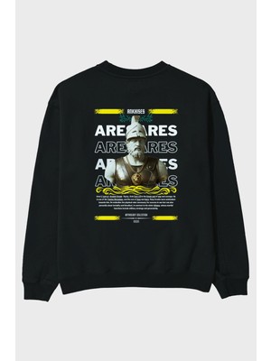 Ankhises Ares 2 Mitoloji Arka Baskılı Siyah Oversize Sweatshirt Erkek Kadın Bisiklet Yaka