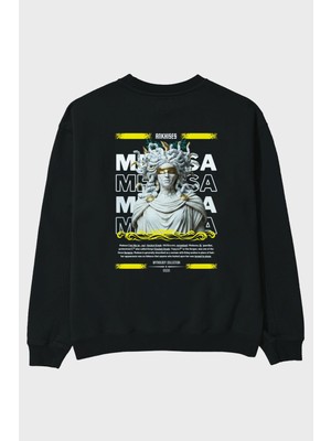 Ankhises Medusa 2 Mitoloji Arka Baskılı Siyah Oversize Sweatshirt Erkek Kadın Bisiklet Yaka