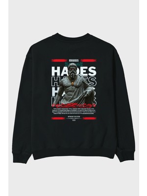 Ankhises Hades 3 Mitoloji Arka Baskılı Siyah Oversize Sweatshirt Erkek Kadın Bisiklet Yaka