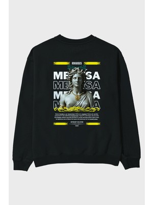 Ankhises Medusa 4 Mitoloji Arka Baskılı Siyah Oversize Sweatshirt Erkek Kadın Bisiklet Yaka