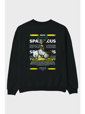 Ankhises Spartacus 1 Mitoloji Arka Baskılı Siyah Oversize Sweatshirt Erkek Kadın Bisiklet Yaka