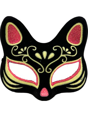 Neva Prime Siyah Süet Kırmızı Sarı Simli Kedi Maskesi
