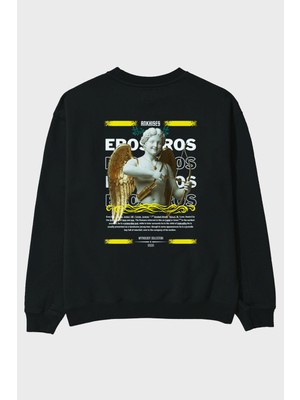 Ankhises Eros Mitoloji Arka Baskılı Siyah Oversize Sweatshirt Erkek Kadın Bisiklet Yaka