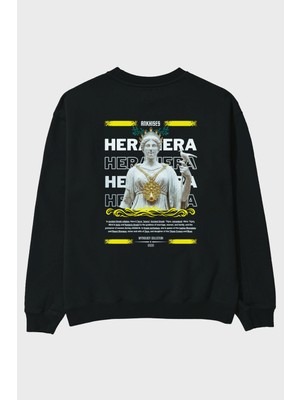 Ankhises Hera 2 Mitoloji Arka Baskılı Siyah Oversize Sweatshirt Erkek Kadın Bisiklet Yaka