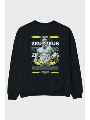Ankhises Zeus 1 Mitoloji Arka Baskılı Siyah Oversize Sweatshirt Erkek Kadın Bisiklet Yaka