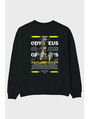 Ankhises Odysseus 2 Mitoloji Arka Baskılı Siyah Oversize Sweatshirt Erkek Kadın Bisiklet Yaka