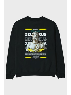 Ankhises Zeus 4 Mitoloji Arka Baskılı Siyah Oversize Sweatshirt Erkek Kadın Bisiklet Yaka