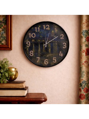 Caseras Van Gogh Yıldızlı Gece Tasarımlı Dekoratif Duvar Saati - 28 cm Sessiz Mekanizma