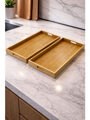 Tuğra Store 2 Adet Bambu Modern Tasarım Servis Tepsi Seti