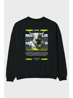 Ankhises Minotaur 2 Mitoloji Arka Baskılı Siyah Oversize Sweatshirt Erkek Kadın Bisiklet Yaka