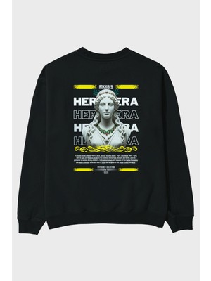 Ankhises Hera 1 Mitoloji Arka Baskılı Siyah Oversize Sweatshirt Erkek Kadın Bisiklet Yaka