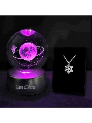 PremiumPort Kişiye Özel Satürn Işıklı Cam Küre ve Kar Tanesi Kolye Seti
