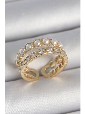 Epilons Pirinç Gold Renk 2'Li Zirkon Taşlı Ve İncili Ayarlanabilir Kadın Yüzük - TJ-BYK3721