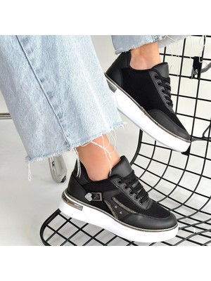 SEPET365 Junda Siyah Cilt Bağcıklı Spor Ayakkabı