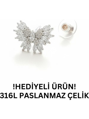 Stelo Forte Zirkon Taşlı Kelebek Figürlü Çelik Küpe Gümüş Renk Küpe