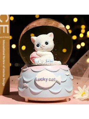 PremiumPort Sevimli Kedi Orta Boy Kar Küresi Işıklı ve Müzikli, Mavi, 12X8