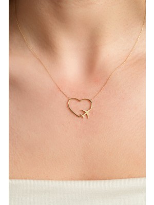 Kolyecik 14 Ayar Altın Kalpli Uçak Kolye